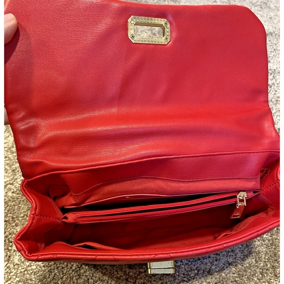 Badgley Mischka Red Quilted Vegan Leather Purse Gold Studded Crossbody Bag 10x6 - Picture 10 of 13